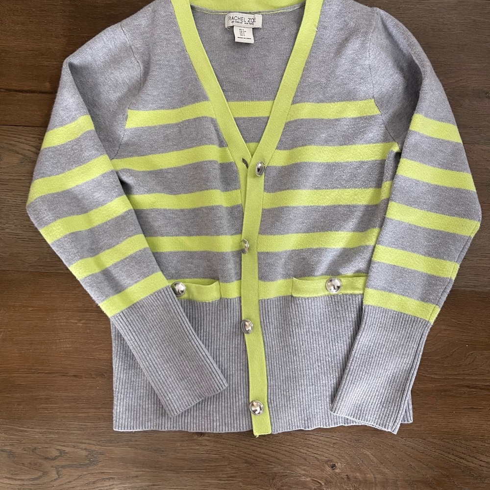 Rachel Zoe Lime and Gray Striped V-Neck Cardigan